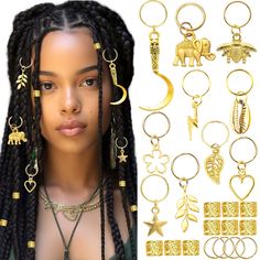 PRICES MAY VARY. Package Contains:30PCS gold braid jewelry you will get.Enough quantity and different shape design hair charms brings you different style,which satisfy your various decorative needs,allows you to create unique hairstyle. Safe Material:Our dreadlock jewelry are made of soft,stretchy,high-quality metal alloy,which is not easy to be broken and fade,can be used for a long time.These cuffs and charms has good ductilty and toughness,would not burden your hair. Wide Application:These dr Gold Hair Jewelry, Jewelry For Braids, Hair Jewelry For Braids, Braid Clips, Dreadlock Jewelry, Braid Accessories, Flower Braids, Hair Charms, Braid Jewelry