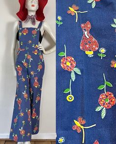 Flower Child. Absolutely incredible RARE Vintage 1960's deadstock novelty print overalls in a Holly Hobbie like theme with flowers and butterflies, open back, flare leg, pockets and side metal Talon zip by Cle Son's. The cutest overalls in all the lands. I've never seen another pair like them.  🌼♥️🌼 Fit S/smaller hip M (PopTart is an XS at 33" bust, 24" waist, 34.5" hip), but please use measurements as fit guide.  14.5" waist  12.5" front rise  18.25" hip  29.5" full front rise estimate (buttons can be shifted if needed)  29.25" inseam  57.25" full length estimate  Unlined  Side metal Talon zipper and hook closure  Cotton with denim look novelty print  Bib front  Straps button at front bib (buttons can be shifted if needed to adjust rise)  Side pockets  Open back with back waist darts  F Vintage Floral Print Jumpsuits And Rompers, Retro Fitted Summer Overalls, Retro Sleeveless Floral Print Jumpsuits, Vintage Floral Print Jumpsuit For Spring, Retro Floral Print Sleeveless Jumpsuits, Retro Fitted Floral Print Jumpsuits And Rompers, Retro Floral Print Fitted Jumpsuits And Rompers, Retro Summer Floral Jumpsuits And Rompers, Retro Sleeveless Floral Jumpsuits And Rompers