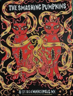 the smashing pumpkins concert poster, with two cats in red and yellow colors on black background