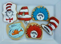 the dr seuss thing cookies are decorated in different colors and designs, including one cat in the hat