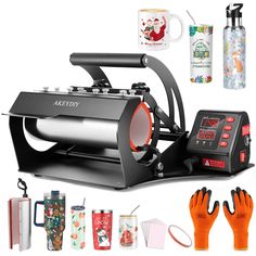 the coffee maker is next to other items and accessories including gloves, mugs, an alarm clock