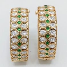 Uncut polki kundan openable bangle/bracelet/ kada in Gold finish with Emerald green stones. Price is for pair.  Size 2-4 (2.25in diameter), 2-6 (2.375in diameter) and 2-8 (2.5in diameter) available. Please state size in checkout. Green Bollywood Bangle With Cutdana, Emerald Green Stone, Gold Bangles For Women, The Bangles, Chandbali Earrings, Green Stones, Old Jewelry, American Diamond, Bracelet Bangle