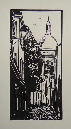 "Paris - Montmartre - Rue Saint Rustique" - Dimensions : 13.5 cm x 28 cm  http://geraldinetheurot.canalblog.com #paris #montmartre #ruesaintrustique #sacrecoeur #linocut #print #engraving #printmaking #linoprint Lino Design, Printmaking Projects, Ap Art, A Level Art, Print Inspiration, Lino Print