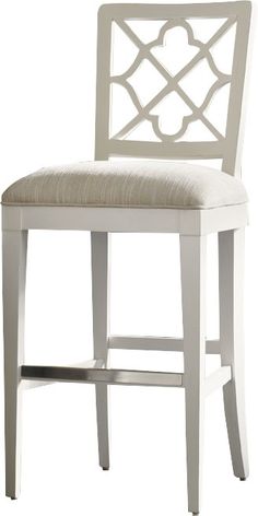 a white bar stool with a beige upholstered back and seat cushion on an isolated white background