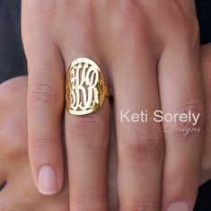 Designs by: Keti Sorely    Beautifully designed Large monogram initials ring.  Hand crafted in pretty script font.  Order your initials and it Personalized Initial Ring, Soldered Jewelry, Couples Monogram, Monogram Bracelet, Mom Ring, Script Monogram, Monogram Ring, Monogram Jewelry, Gold Monogram