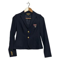 Ralph Lauren Rugby Blazer - Navy Blue Nautical With Union Jack & Anchor Patch Size 0 - Xs Approximate Measurements: 32-33” Max Chest. 22.5” Length (Shoulder To Hem) Navy Blue Wool With 2 Gold-Tone Buttons At Bodice And 4 Buttons At Sleeve Cuffs. Good Preowned Condition. Tags: Ralph Lauren Blue Label, Fall, Preppy, Preppie, Prep School Chic, Short School Boy Length, Nautical, College, University, Quiet Luxury, Dark Academia. Ralph Lauren Rugby, Navy Blue Blazer, Prep School, Blue Label, College University, Quiet Luxury, Navy Blue Color, Union Jack, Blue Wool