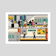 an illustration of people walking on the subway platform