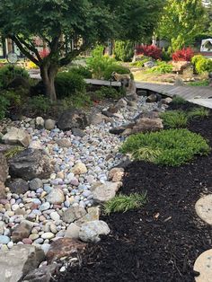 a garden with rocks and plants in the middle, along side a path that leads to a house