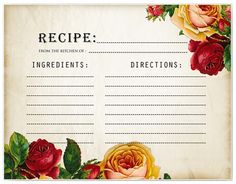 an old recipe card with roses on it