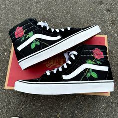 We have a single rose on the sides of these Vans SK8 Hi shoes.  We buy each pair of shoes BRAND NEW from the Vans retail store. The ink is permanent and will never come off. Made in the USA. This price includes everything: shoes, artwork, and shipping. Thanks for stopping by our Etsy shop! Please message us with any questions! Sizes listed are in US sizing scale. If you have any issues with your order, please feel free to reach out to us and we will be more than glad to help you! Note: Blvd Custom is in no way affiliated with any of the shoe brands or companies that are featured on our website. Each pair of shoes is ordered lawfully bought at retail price. Cute Shoes Vans, Vans Shoes For Men, Vans Design, Cool Vans Shoes, Hi Top Vans, Vans High Top, Mens Vans Shoes, Sk8 Hi Vans, Vans High