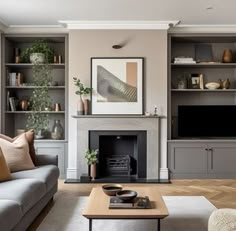 a living room filled with furniture and a fire place in front of a flat screen tv