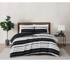 a black and white striped comforter set on a bed with a plant in the corner