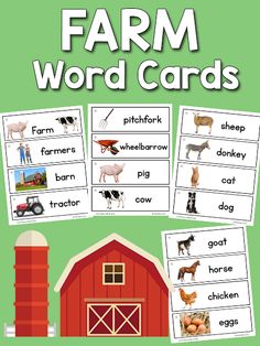 farm word cards with pictures and words to describe the animals in their life cycle, on a green background