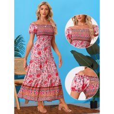 This short-sleeved dress with a square neck and boho-style floral design highlights your stylish wearing style in the crowd. Suits for many occasions: beach, vacation, weekend, picnic, shopping, outdoor, daily wear, casual, etc. Pair with pretty bags and high heels to complete the fashion look. A nice choice for a honeymoon, Valentine's Day, vacations, and so on. The model is wearing in size XS. Bohemian Square Neck Maxi Dress For Vacation, Bohemian Maxi Dress With Square Neck For Vacation, Summer Short Sleeve Peasant Dress For Beach, Short Sleeve Peasant Dress For Beach In Summer, Short Sleeve Peasant Dress For Summer Beach, Bohemian Peasant Dress With Short Sleeves, Bohemian Square Neck Peasant Dress For Summer, Short Sleeve Peasant Dress For Vacation, Bohemian Peasant Dress With Smocked Bodice