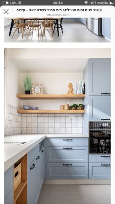 two pictures of the same kitchen with blue cabinets and white counter tops, one is empty