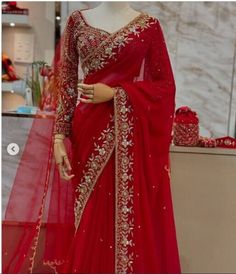 Pakistani Bollywood Red Designer Saree Unique ethnic shadi jora walima nikaah New Saree Look For Wedding, Wedding Dresses For Indian Bride, Unique Saree Colours, Latest Ethnic Dresses Indian 2024, Red Saree Wedding Party Wear, Wedding Saree With Embellished Traditional Drape, Wedding Embellished Saree, Embellished Georgette Saree For Wedding, Wedding Embellished Georgette Saree