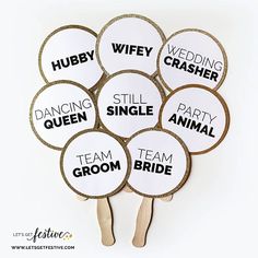 six wedding fans with words on them