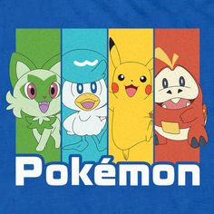 a group of pokemon characters with the word pokemon on it's front and back