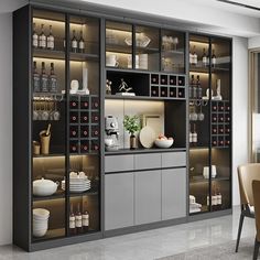 a dining room table and chairs in front of a glass cabinet with wine bottles on it