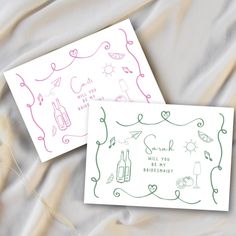 two greeting cards with hand drawn designs on them, one has a wine bottle and the other says thank you for being married