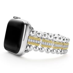 Created exclusively for your Apple Watch®, this watch bracelet is crafted from 18K gold superfine Caviar beading, diamonds and smooth sterling silver. Fits Series 1 through 10 Apple Watch® for the 38mm through 45mm sizes. Watch face sold separately. Elegant Round Diamond Watch Band, Diamond Watches With Bracelet Strap For Anniversary, Elegant White Gold Watch Bands For Gift, Luxury White Gold Apple Watch Band With Bracelet Strap, Luxury White Gold Watch Bands For Gift, Luxury Polished Finish Watch Band Gift, Luxury Round Jubilee Bracelet Watch Bands, Luxury Jubilee Bracelet Watch Bands, Elegant Adjustable Watch Bands With Polished Finish