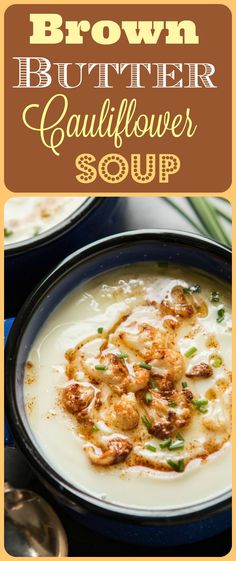 brown butter cauliflower soup in a black bowl