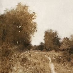 an oil painting of a dirt road in the middle of a field with trees on both sides