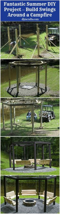 four different views of the same bench and table in front of a pond, with text overlay reading fantastic summer diy projects build your own benches