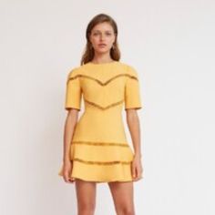 -Fit And Flare Mini Dress -Midweight Stretch Suiting Fabric -Lattice Trim Detail At Bodice, Sleeve, Waist And Hem -Flared Hem Panel -Back Zipper -Partially Lined -Sample Item Yellow A-line Mini Dress With Ruffles, Yellow A-line Mini Dress For Brunch, Yellow Fitted Short Sleeve Dress, Gold A-line Mini Dress For Summer, Gold Knee-length Mini Dress For Summer, Yellow Knee-length Mini Dress For Cocktail, Fitted Gold Mini Dress For Brunch, Gold Ruffled Mini Dress For Summer, Short Sleeve Yellow Cocktail Dress