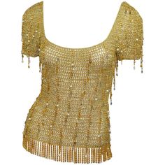 Loris Azzaro 1970s Vintage Gold Knit Bead Fringe Chain Top Loris Azzaro top featured a gold metallic knit with dangling beads and chains throughout, and a gold fringed chain hem. In excellent vintage condition. Measurements are as follows: bust - 34'' waist - 32'' length - 16'' Loris Azzaro, 90s Y2k Fashion, 90s Inspired Outfits, Slim Aarons, Golden Birthday, Chain Top, Vintage Clothes Women, Silky Dress, Cream Lace