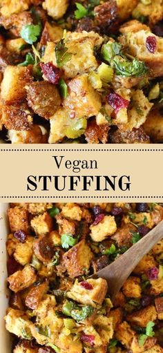 vegan stuffing in a casserole dish with a wooden spoon on the side