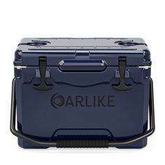 an image of a blue cooler with the word arlike on it's side