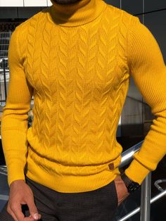 Calvin Slim-Fit Turtleneck Knitwear Yellow-baagr.myshopify.com-sweatshirts-BOJONI High Neck Polo Sweater For Fall, Stretch Cable Knit Turtleneck, Stretch Turtleneck Cable Knit Sweater, Fall Cable Knit Turtleneck, Trendy High Neck Cable Knit Sweater, Fitted Turtleneck Polo Sweater, Casual Cable Knit Turtleneck With Funnel Neck, Winter Knit Turtleneck Polo Sweater, Trendy Cable Knit Turtleneck Sweater