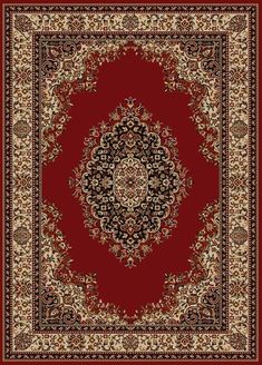 a red rug with an ornate design on it