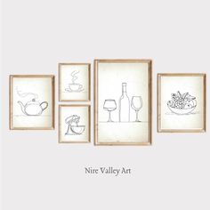 nine framed drawings of wine and food are featured in this minimalist wall art display