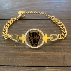 Gold Stainless Steel Panther Bracelet. Panther Is Accented In Black And Surrounded With Crystals Panther Bracelet, Steel Panther, Womens Jewelry Bracelets, Panther, Women Jewelry, Stainless Steel, Bracelet, Crystals, Gold