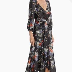 Nwt! Stunning Cinq A Sept Dress Perfect For Fall. Size 4 Sold Out Online! Black Silk Midi Dress With Floral Print, Black Silk Floral Print Midi Dress, Black Silk Ruched Maxi Dress, Black Silk Floral Print Dress, Black Silk Dress With Floral Print, Black Silk Dress For Fall, Black Silk Maxi Dress For Fall, Cinq A Sept, Black Orange