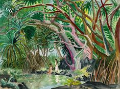 an image of a painting of people in the jungle with trees and plants around them