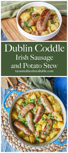 two pictures of irish sausage and potato stew with text overlay that reads, dublin cooker