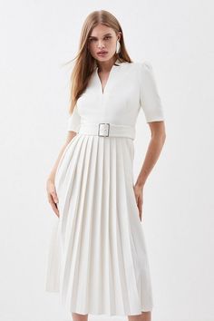 Ladies Design, Notched Neckline, Belted Midi Dress, Style Savvy, Princess Mary, Tailored Dress, Pleated Midi Dress, Elbow Length Sleeve, Karen Millen