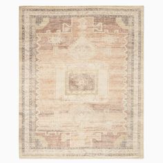 an antique rug in beige and brown tones on a white background, with a light colored border