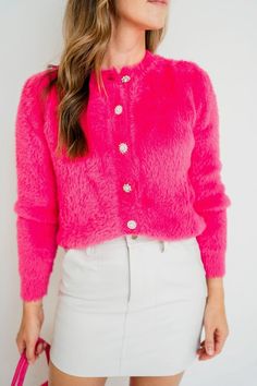 Hot Pink Jeweled Sloan Cardigan - Amor Lafayette Hot Pink Cardigan Casual, Hot Pink Button Down Sweater, Fluffy Cardigan, Fuzzy Texture, Pink Jewels, Size 12 Women, Midi Dress Formal, Over Dress, Fuzzy Cardigan