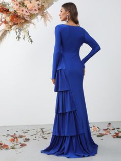 Elegant V Neck Long Sleeve Maxi Dresses with Tiered Hem – Faeriesty Winter Party Dresses In Elastane, Winter Party Dress In Elastane, Fitted Ruffled Maxi Dress For Winter, Long Sleeve Maxi Dresses, Fashion Designs, Long Sleeve Maxi, Long Sleeve Maxi Dress, Maxi Dresses, Bridal Style