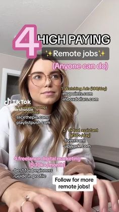 the woman is typing on her computer with words above her head that read 4 high paying remote jobs anyone can do