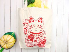 Canvas Tote Bag, Aloha Lucky Cat "Hawaiian Maneki Neko" [FREE SHIPPING] White Screen Printed Bag As Gift, White Screen Print Bag As Gift, White Hand Printed Bags As Gifts, White Hand Printed Bag For Gift, White Hand Printed Bags For Gifts, Port Hueneme California, Relax Lifestyle, Small Art Studio, Polynesian Culture