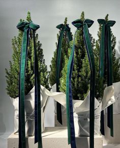 three white vases with green ribbons on them in front of some bushes and trees