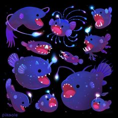 some very cute little fish in the dark with glowing lights on their faces and mouths