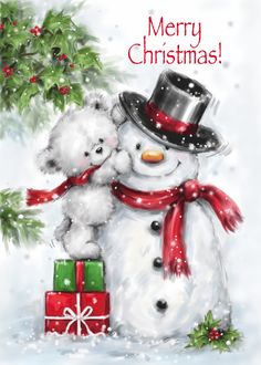 two teddy bears are hugging in front of a snowman