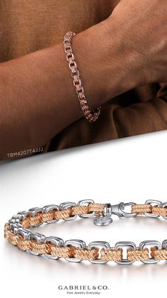 This sleek and strong bracelet features a mix of colors and textures. The chain links are fashioned from polished 14K white gold and twisted 14K rose gold alternating throughout the bracelet. Where it daily wherever life takes you. TBM4207T4JJJ#TennisBracelet #GoldBracelet #Cufflinks #GabrielNY #UniqueJewelry #Bracelets for him #MensFineJewelry #Gifts for Men #MensBracelet #MensJewelry Bracelets For Him, Couple Ring Design, Gold Chain Bracelet, White Gold Chains, Chain Links, Gold Bracelet Chain, Fine Jewelry Collection