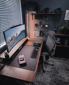 Dark and moody home office walnut wood desk setup Walnut Wood Desk, Minimal Workspace, Home Office Setup